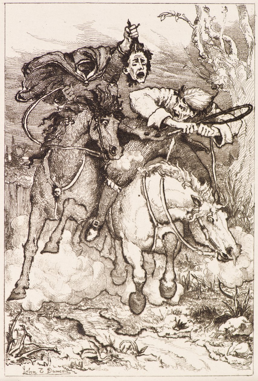Dva cválající jezdci [jeden s vlastní hlavou] (lept) od John Duncan