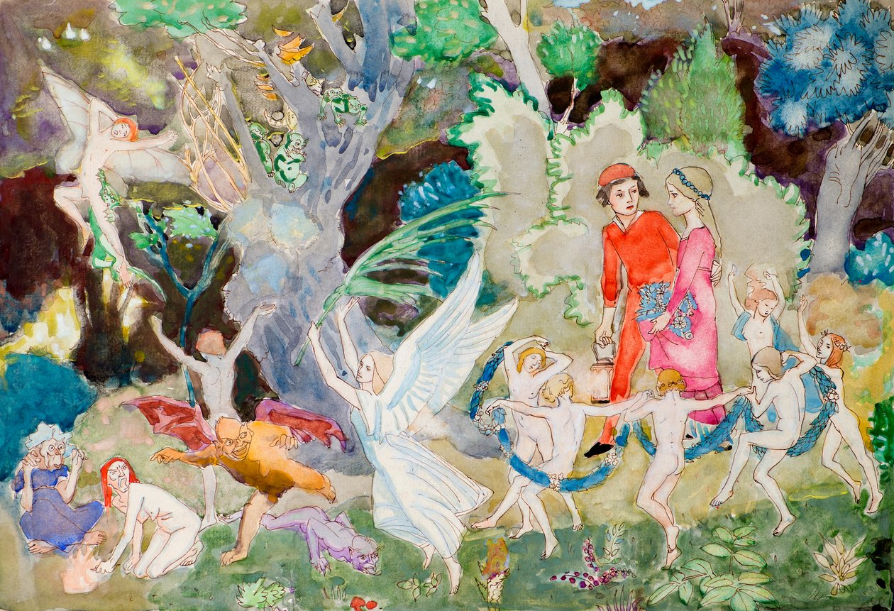 Yorinda a Yoringel v lese čarodějnic (akvarel) od John Duncan