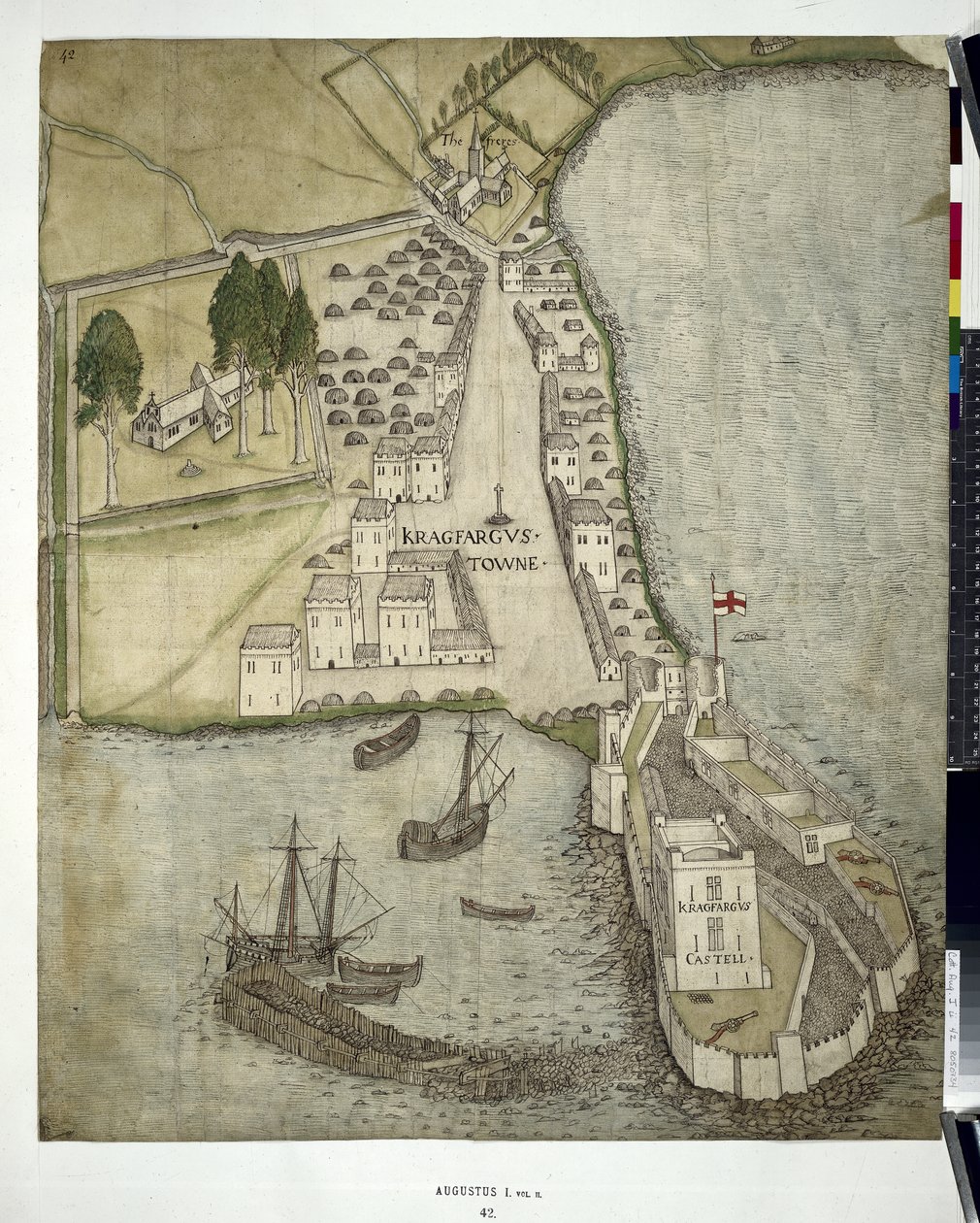 Bavlna MSS Augustus I ii 41 Plan of Carrickfergus (Co. Antrim) 1612 (pero a inkoust s praním na papíře) od John Dunstall