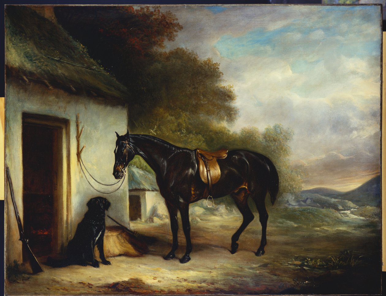 Oblíbený lovec pana Stuarta, Vagabond“ a jeho Flatcoated Retriever, Nell, u dveří do chaty, 1867 od John E. Ferneley