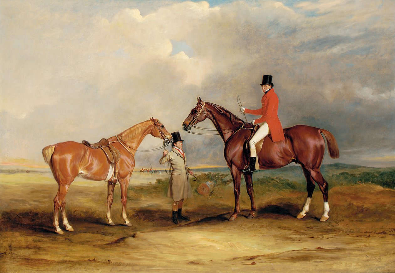 Portrét Johna Drummonda na lovci s čeledínem držícím svého druhého koně, v krajině, za loveckým večírkem, 1831 od John E. Ferneley