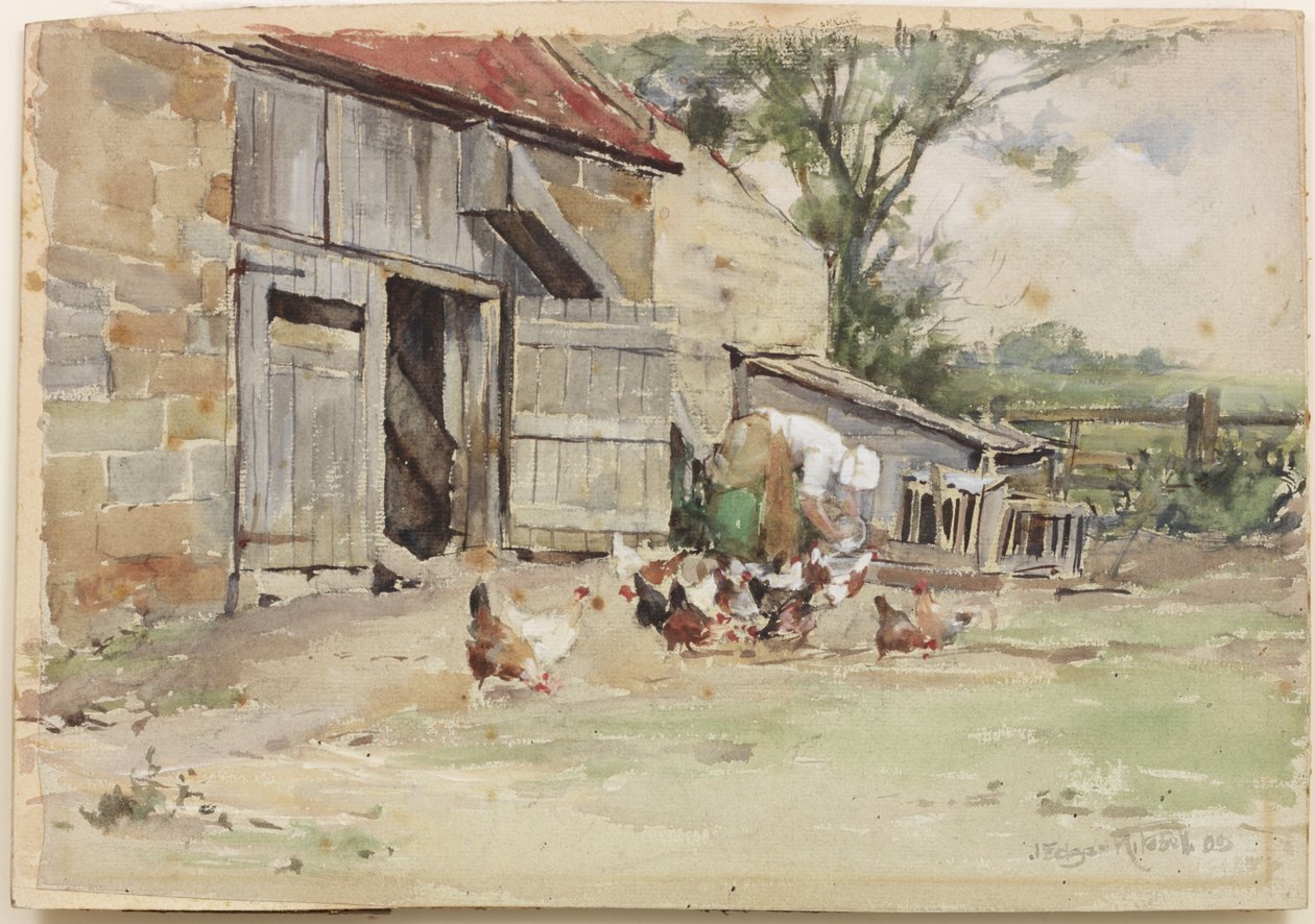 Krmení slepic, 1909 (čb na papíře) od John Edgar Mitchell