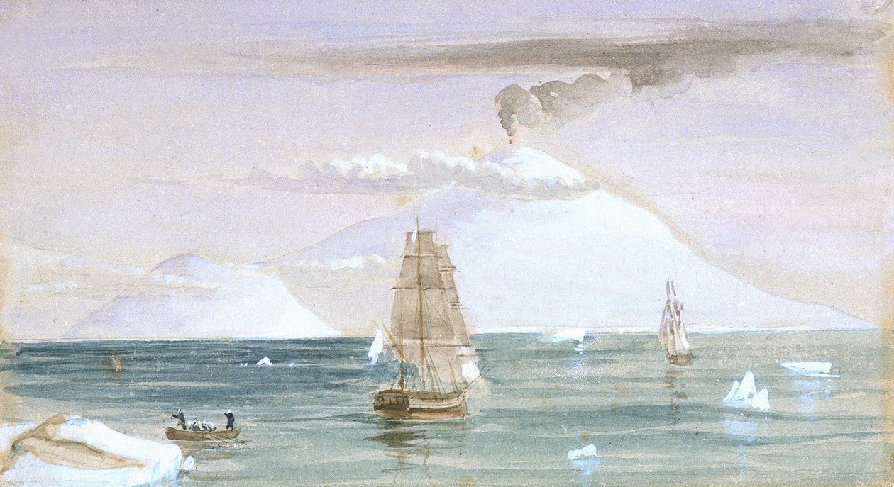 Beaufortův ostrov a hora Erebus. Objev 28. ledna 1841 od John Edward Davis
