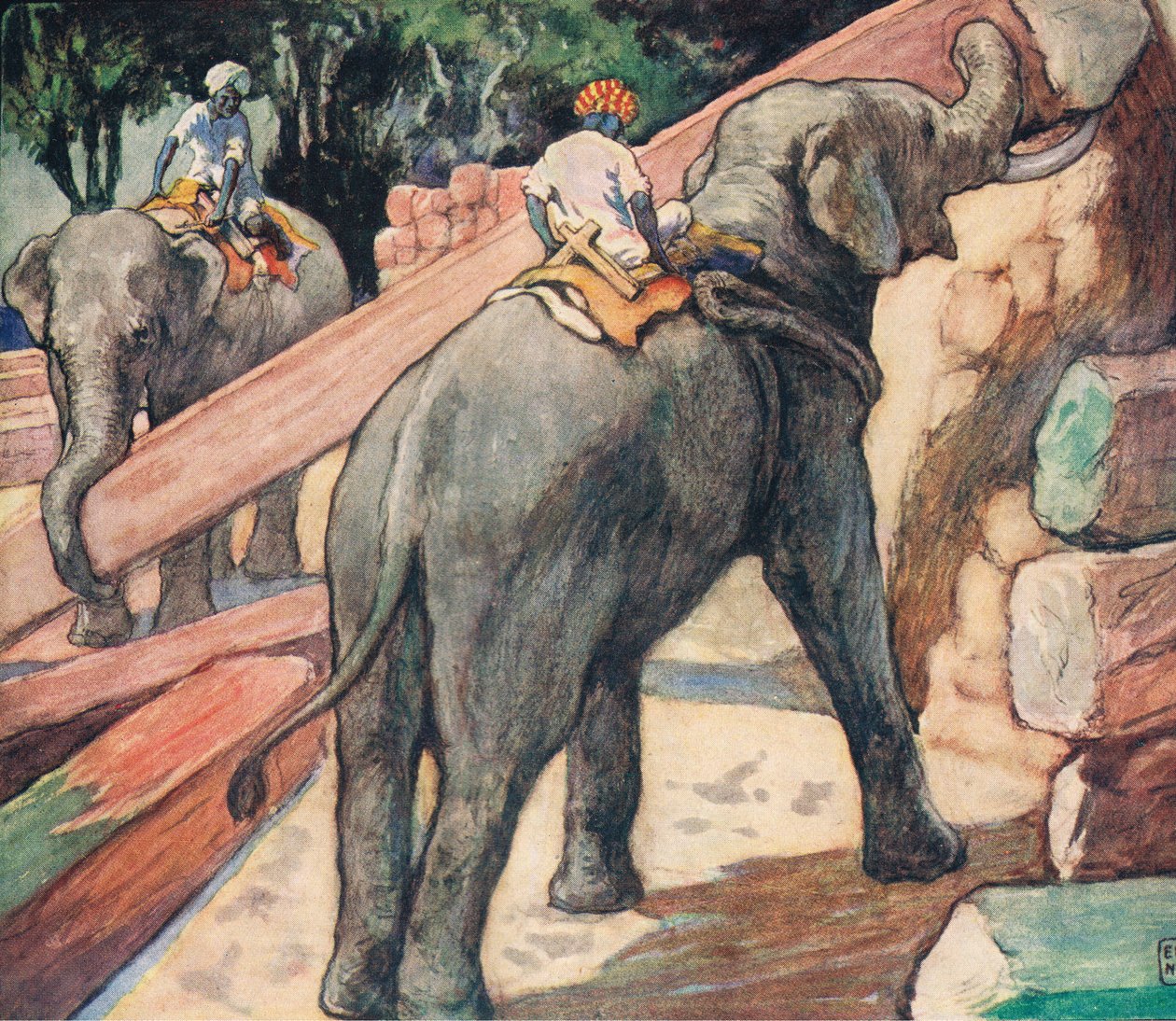Sloni manipulující s kládami, ilustrace z 