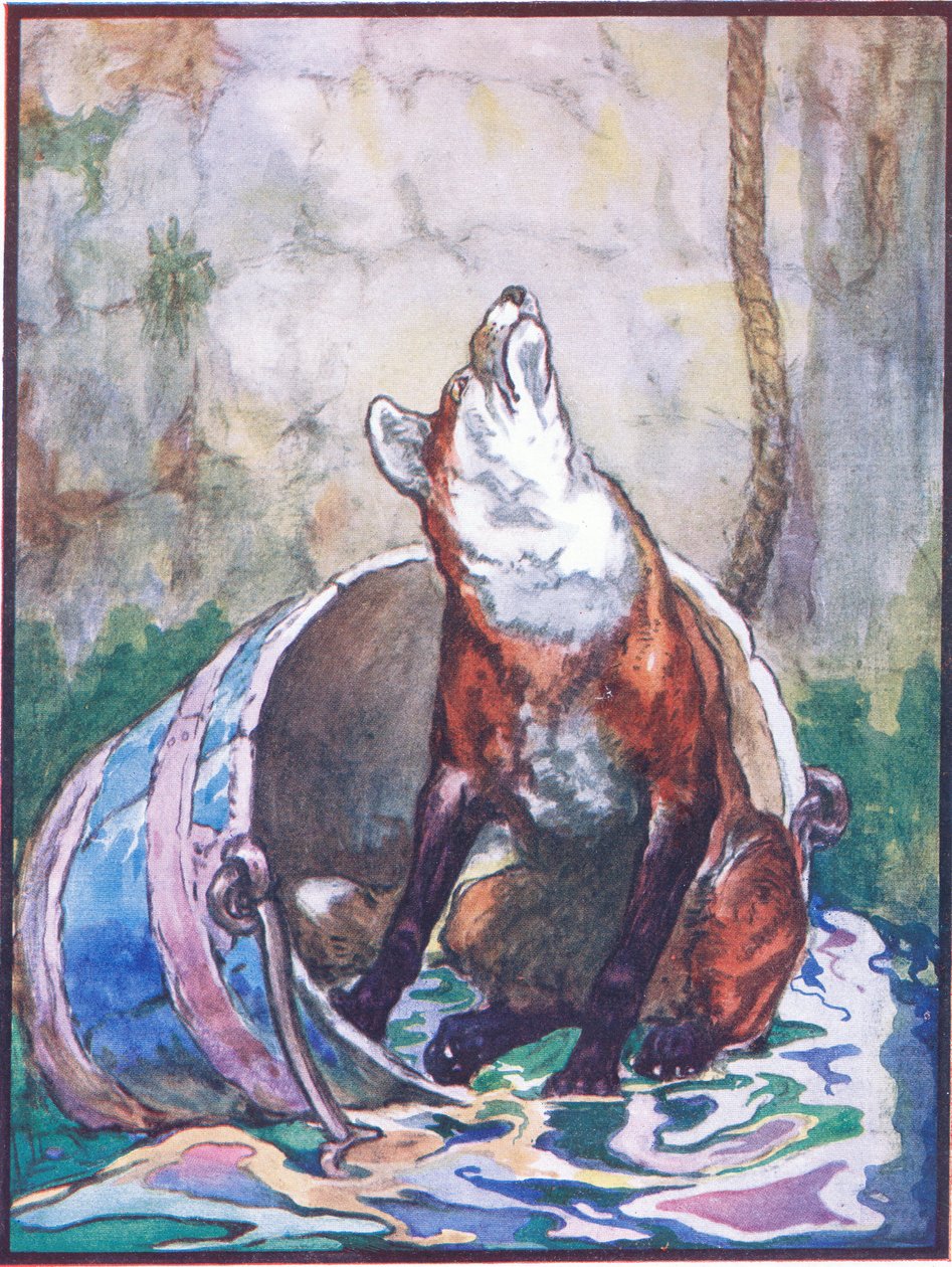 „Není mi dobře a trpím velmi dobrou tetou“, ilustrace k „Lišce Reynardovi“ z „Legendy zvířat z mnoha zemí“, vydané nakladatelstvím Raphael Tuck & Sons Ltd. (barevné lito) od John Edwin Noble