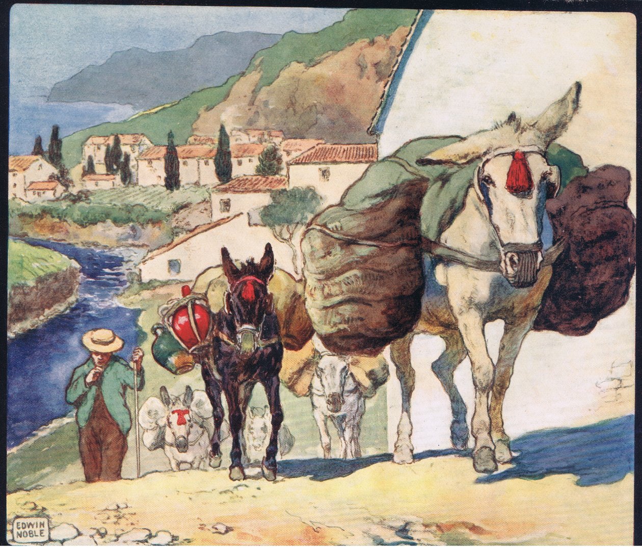 Mezci na španělském průsmyku, ilustrace z „Helpers Without Hands“ od Gladys Davidson, vydané v roce 1919 (barevné lito) od John Edwin Noble