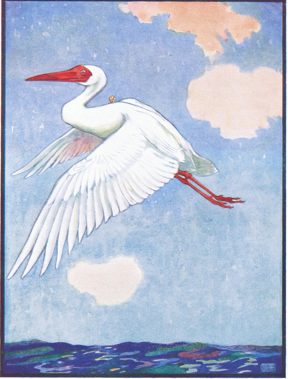 „Where is that Butterfly,“ Wondered the Crane, ilustrace pro „Reynard the Fox“ z „Animal Legends from Many Lands“, vydané nakladatelstvím Raphael Tuck & Son Ltd. (barevné lito) od John Edwin Noble