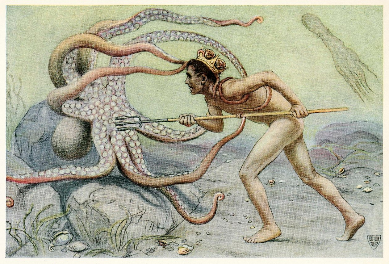 Byl velmi statečný a silný… a bojoval s velkou chobotnicí z Velkého mořského koně, 1909. od John Elliot