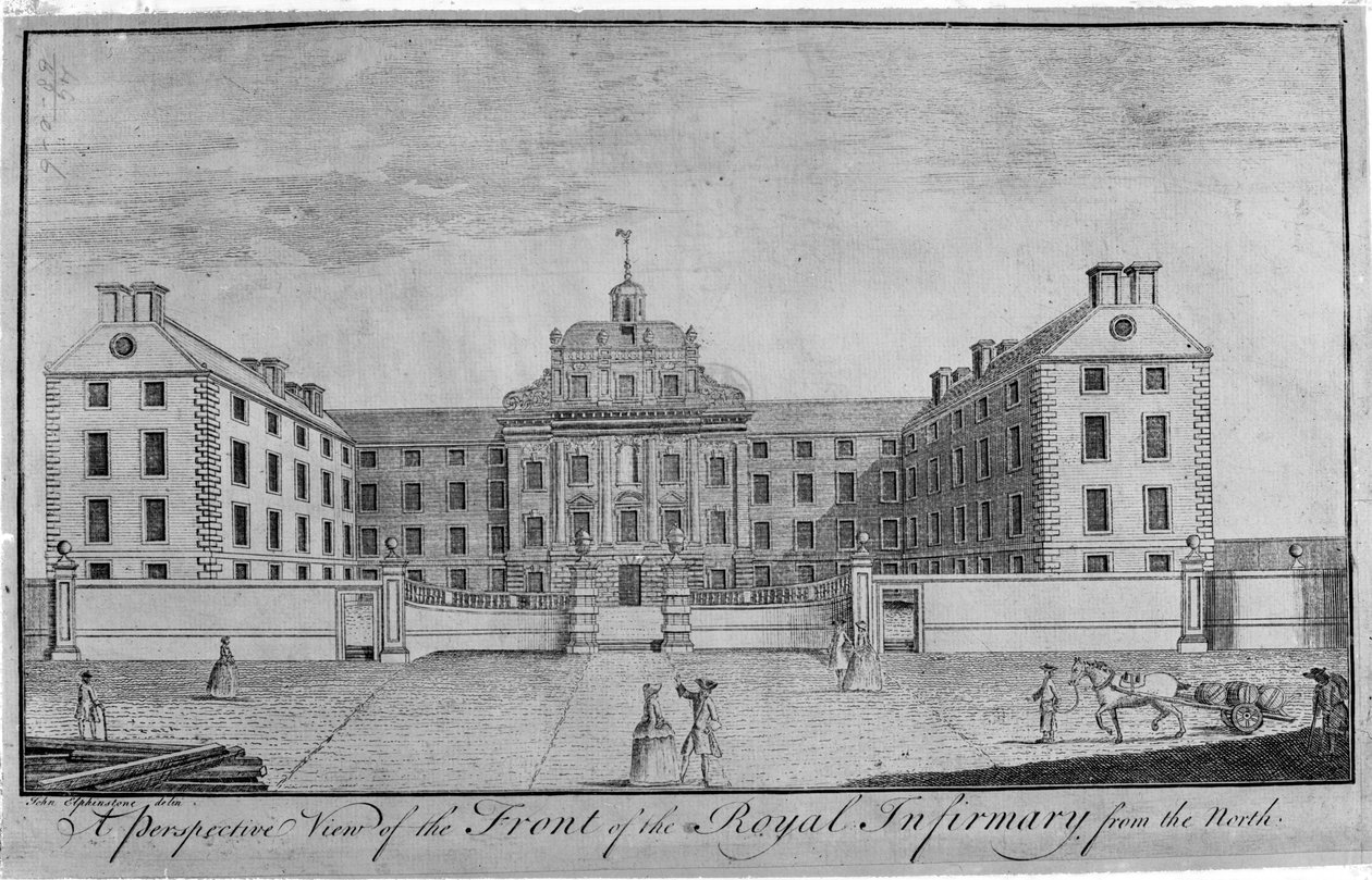 Perspektivní pohled na průčelí Královské nemocnice od severu, asi 1746 od John Elphinstone