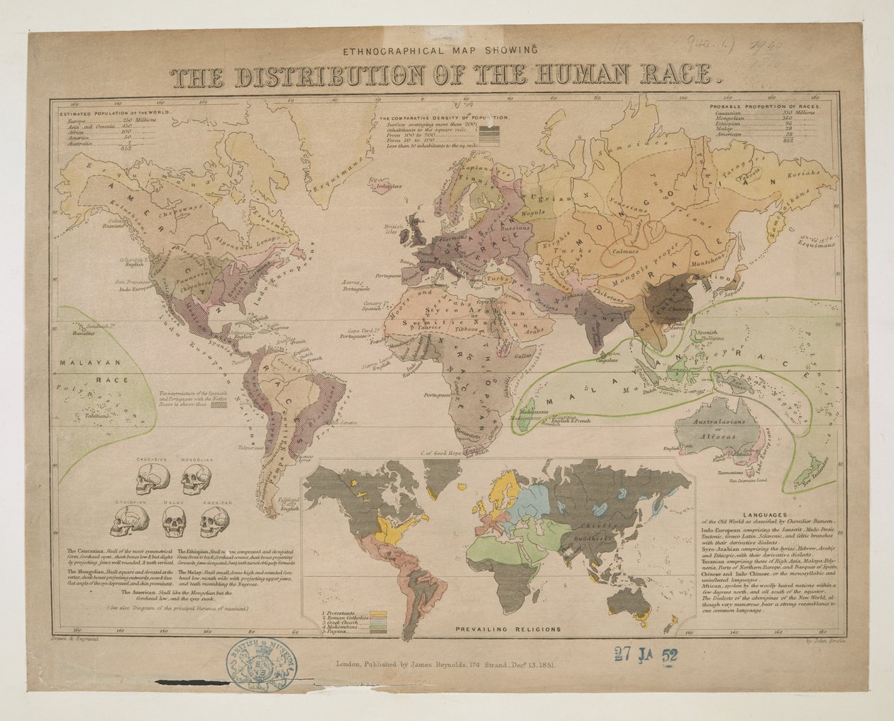 Etnografická mapa, ukazující distribuci lidské rasy od John Emslie