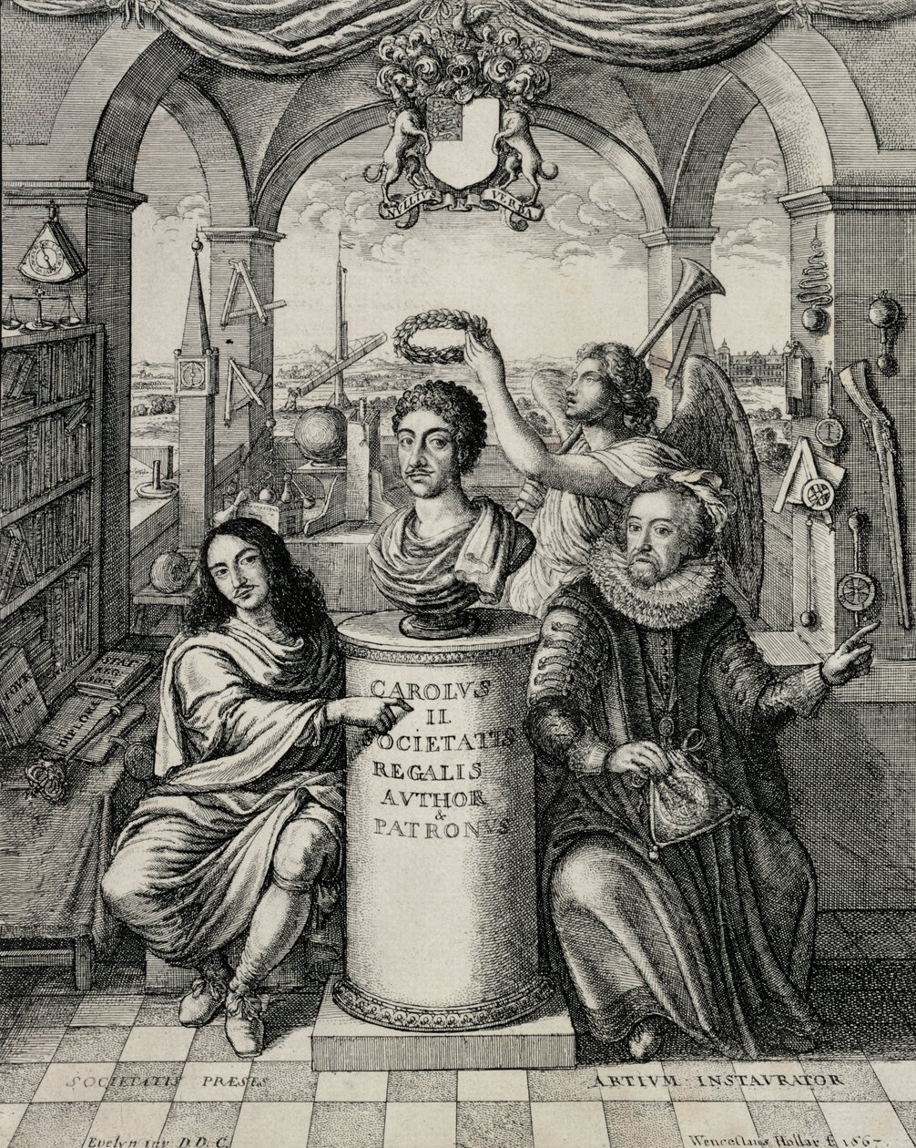 Karel II. (1630-85) jako patron Královské společnosti, vyryl Václav Hollar (1607-77) 1667 od John Evelyn