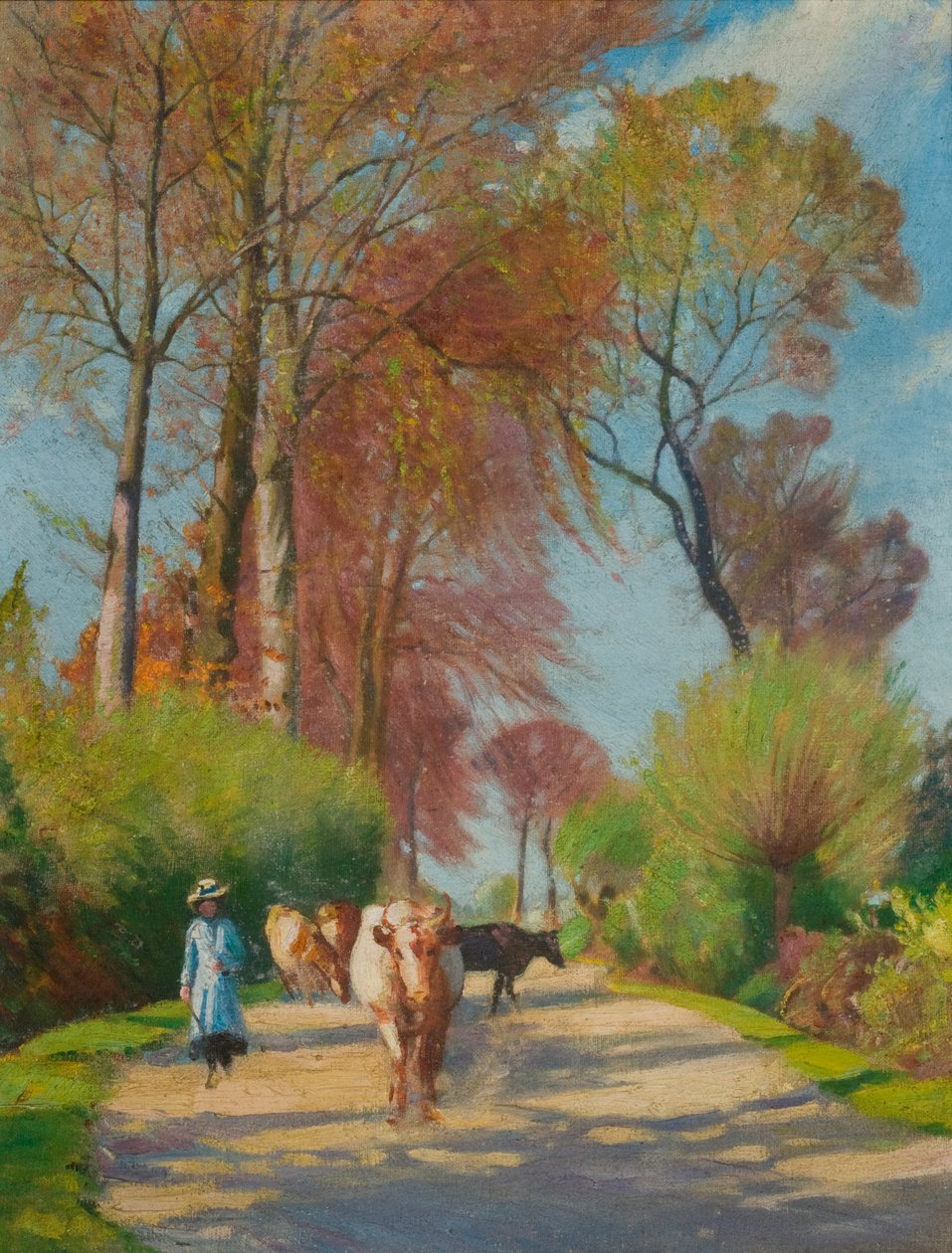 Country Lane s postavou a krávou (olej na palubě) od John Everett