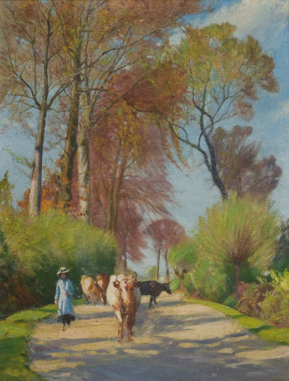 Country Lane s postavou a krávou (olej na palubě) od John Everett
