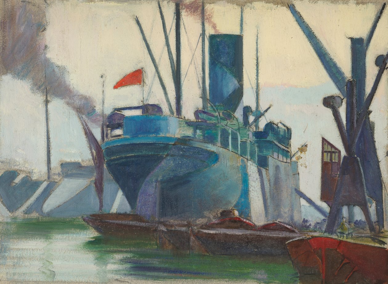 Oslnivé lodě v londýnských docích, asi 1915-18 (olej na papíře) od John Everett