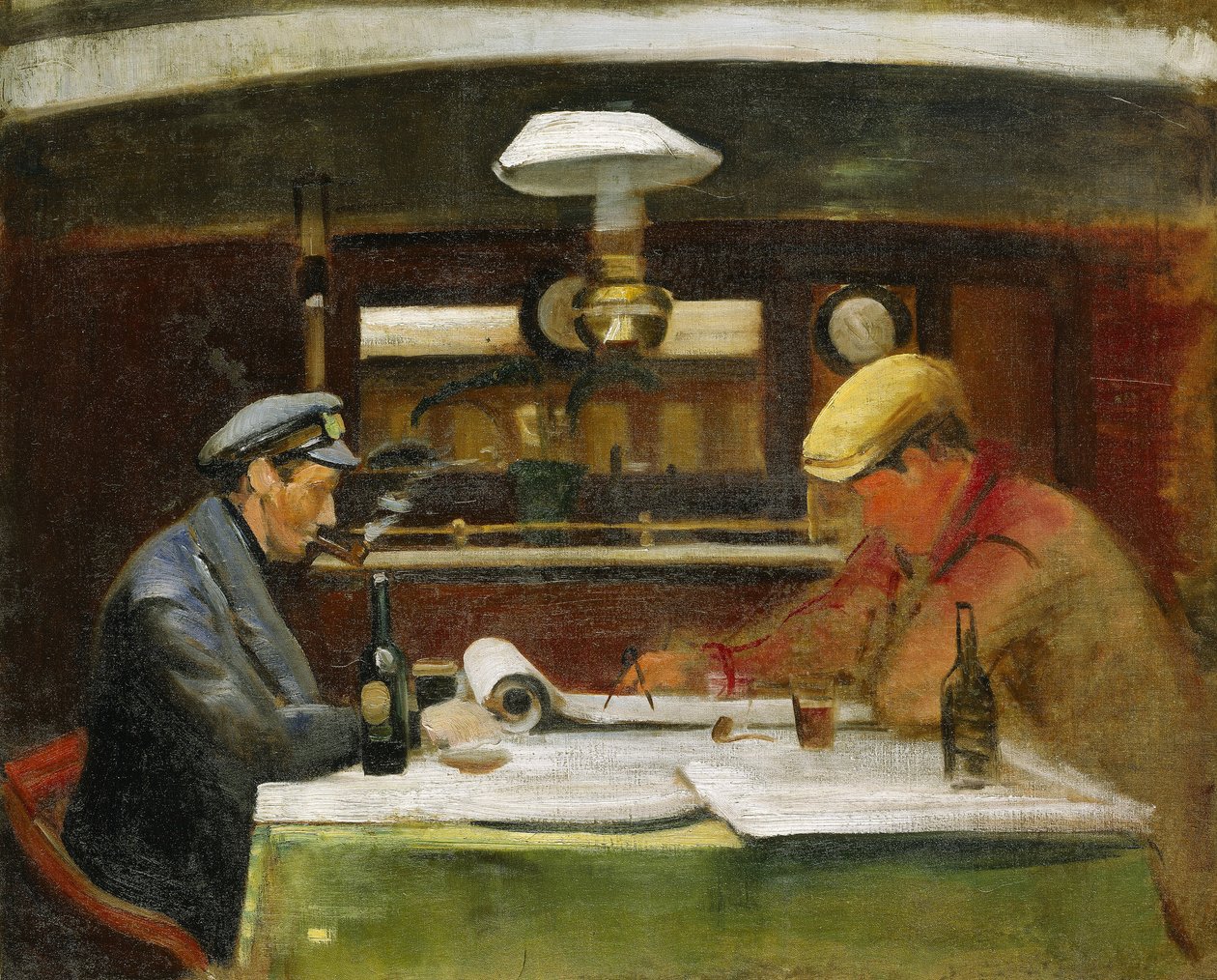 Na palubě lodi "Birkdale", salonku s kapitánem Walmsleym a jeho zástupcem, panem Macwattersem, tato loď v letech 1892-1927 přepravovala dusičnany na chilské pobřeží. od John Everett
