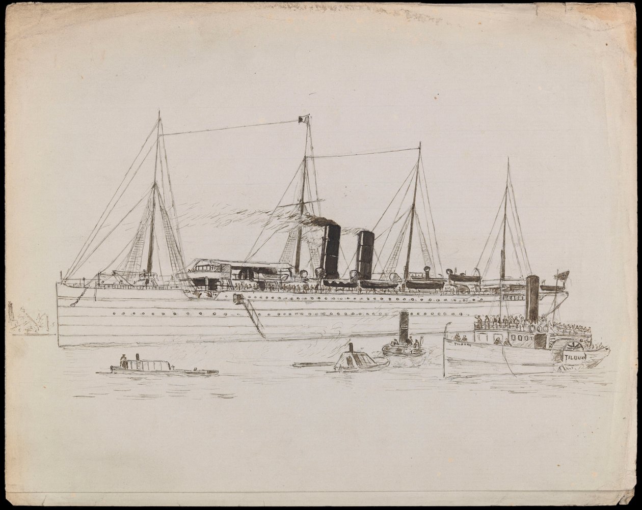 PAH1225; Parní loď poblíž pobřeží s remorkérem u boku. Osobní loď s remorkérem a pádlovým parníkem Tilbury poblíž (kresba) od John Everett