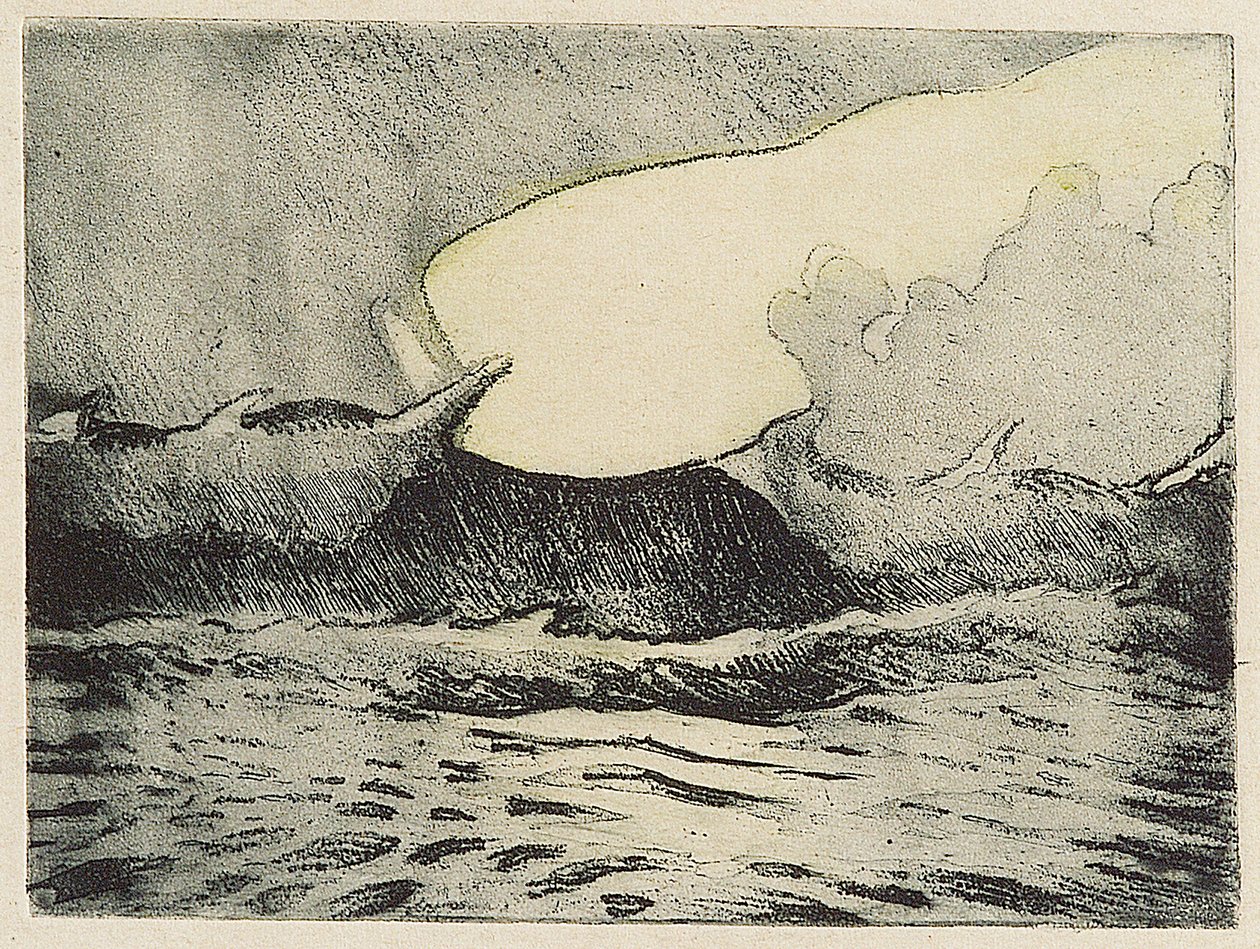Mořská krajina - velmi drsné šedé moře 2, 20. století (kolorovaný lept) od John Everett