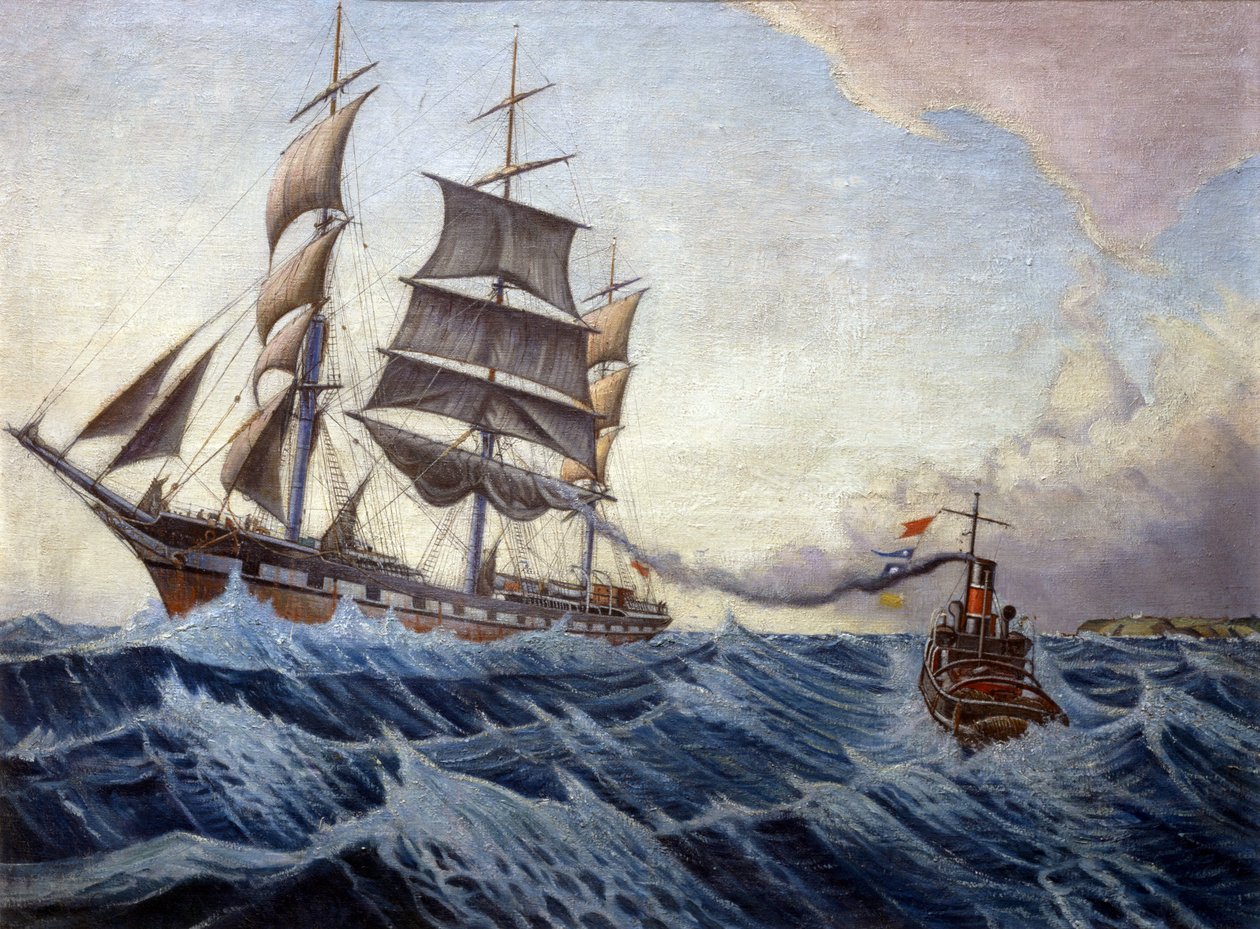 Loď "Iquique" a remorkér "Warrior" na dně anglického pobřeží na cestě mezi Londýnem (Anglie) a Sydney (Austrálie) v období od prosince 1898 do dubna 1899. od John Everett