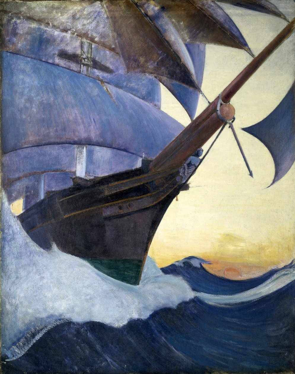 Loď Cutty Sark, jedna z nejslavnějších obchodních lodí 19. století, při pohledu z přídě. Olej na plátně, kolem roku 1930, autor: Herbert Barnard John Everett (1876-1949) od John Everett