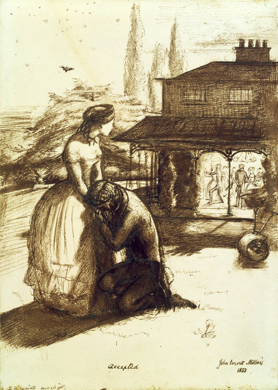 Přijato, 1853 (pero a hnědý inkoust na papíře) od John Everett Millais
