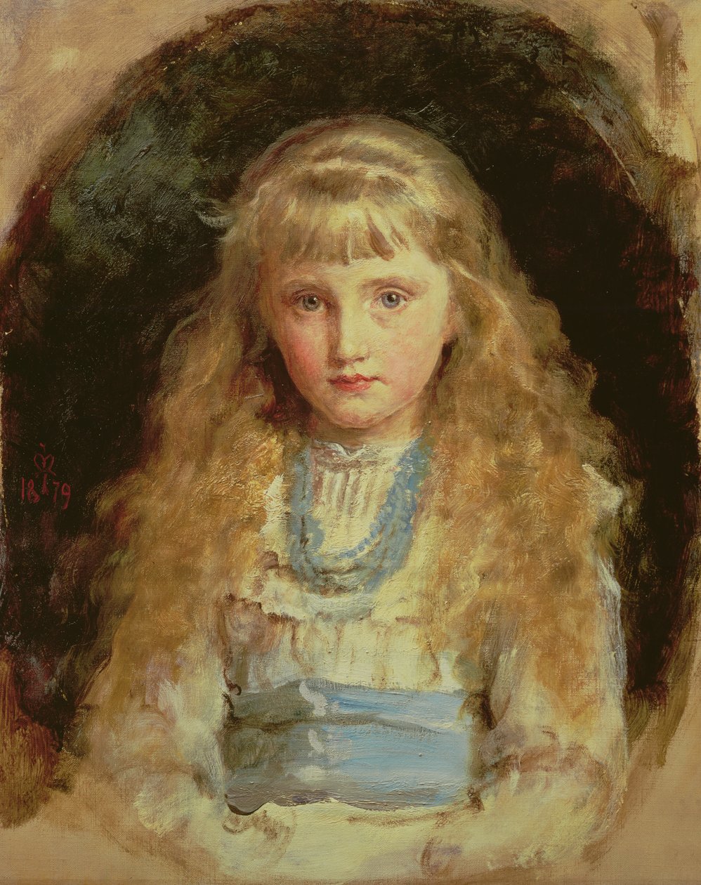 Portrét Beatrice Cairdové v bílých šatech s modrou vlečkou od John Everett Millais