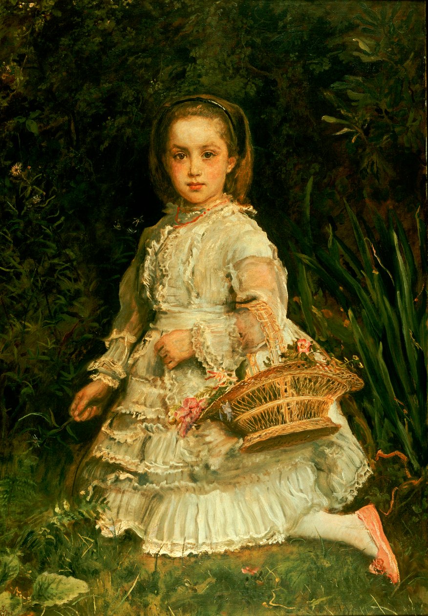 Portrét Gracie, po celé délce, na sobě bílé šaty, trhající divoké květiny od John Everett Millais