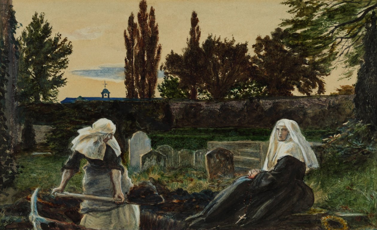 Tutkimus "The Vale of Rest" (akvarelli, guassi ja arabikumi paperille) od John Everett Millais