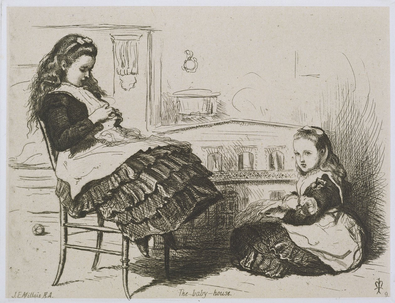 The Baby House, číslo 9 ze série leptů pro Art Union of London od Etching Club (lept na indický papír položený na tkaný papír) od John Everett Millais