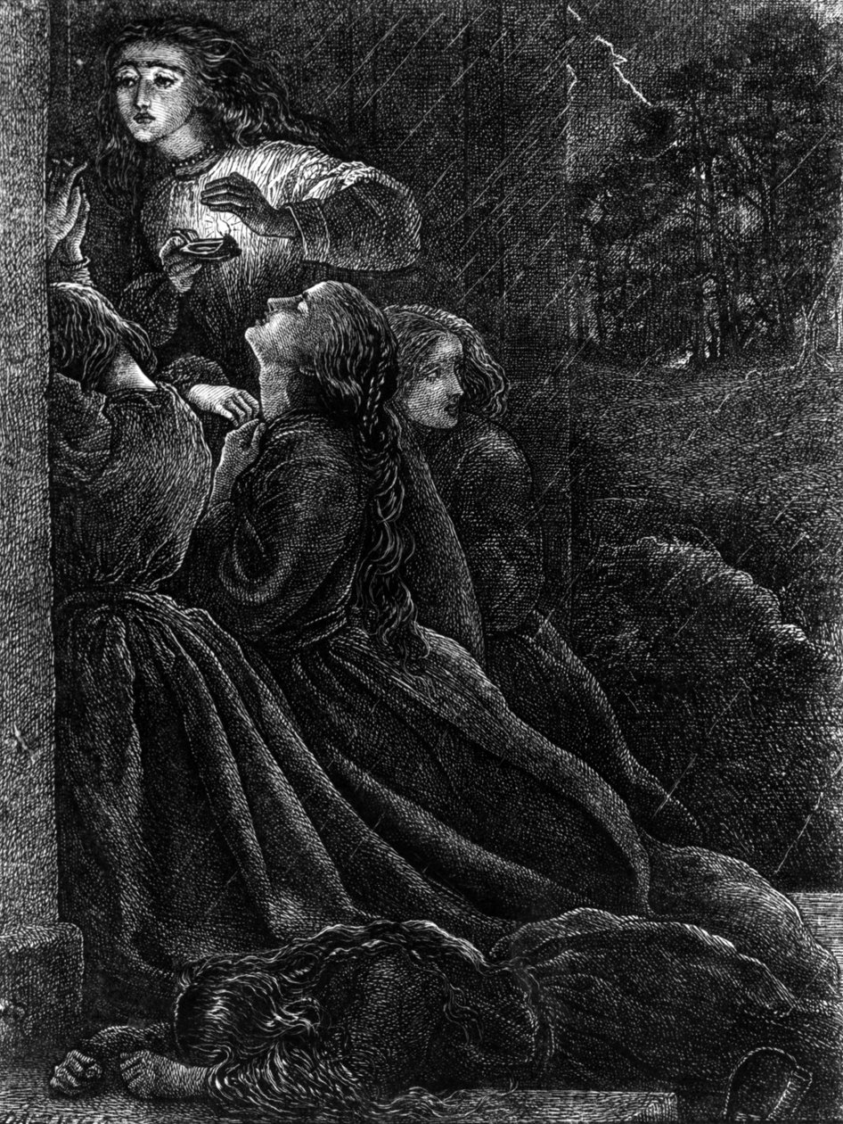 Pět pošetilých panen, ilustrace z „Podobenství našeho Pána a Spasitele Ježíše Krista“, 1864 od John Everett Millais