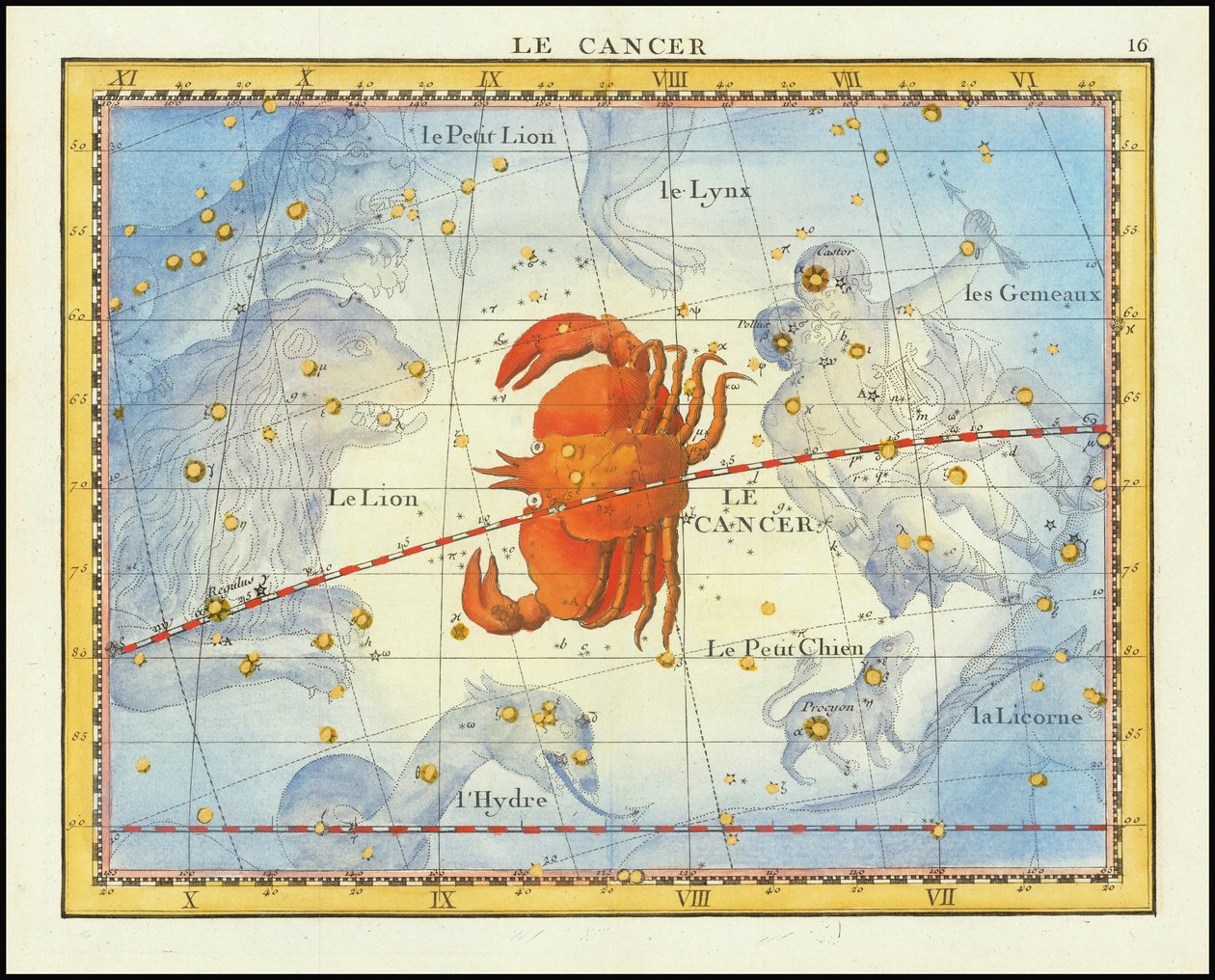 Mapa souhvězdí Raka a sousedních souhvězdí z roku 1776 z Fortinova Atlasu Celeste de Flamsteed od John Flamsteed