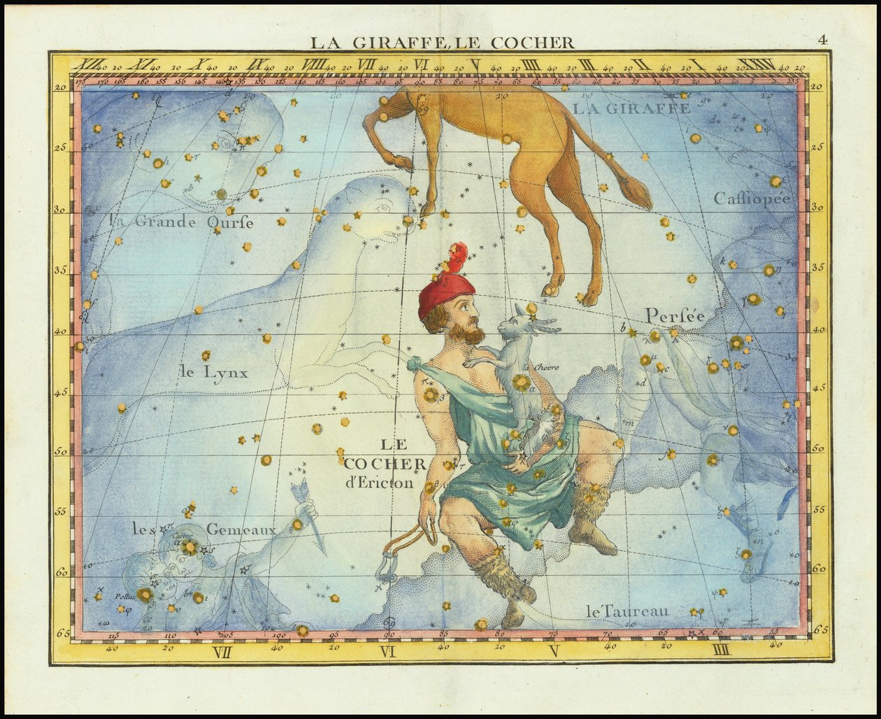 Hvězdná mapa souhvězdí Camelopardal  Auriga a sousedních souhvězdí z roku 1776 z Fortinova Atlasu Celeste de Flamsteed od John Flamsteed