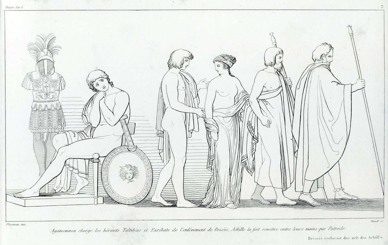 Agamemnon obvinil heroldy Taltibia a Euribata z únosu Briseis; Achilles ji nechal předat do jejich rukou Patroklesem. Kresba Johna Flaxmana (1755 - 1826). Homérova Ilias. Zpěv I od John Flaxman