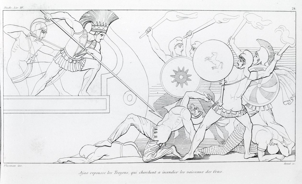 Ajax odpuzuje Trojany, kteří se snaží spálit řecké lodě. Kresba Johna Flaxmana (1755 - 1826). Homérova Ilias. Zpěv XV. od John Flaxman