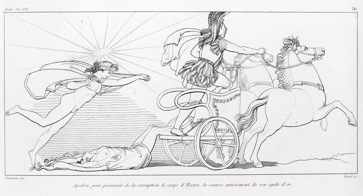 Apollón, bůh Slunce, aby zachoval Hektorovo tělo, ho zcela zakryl svou zlatou egidou. Zpěv XXIV. Kresba Johna Flaxmana (1755 - 1826). Homérova Ilias. od John Flaxman