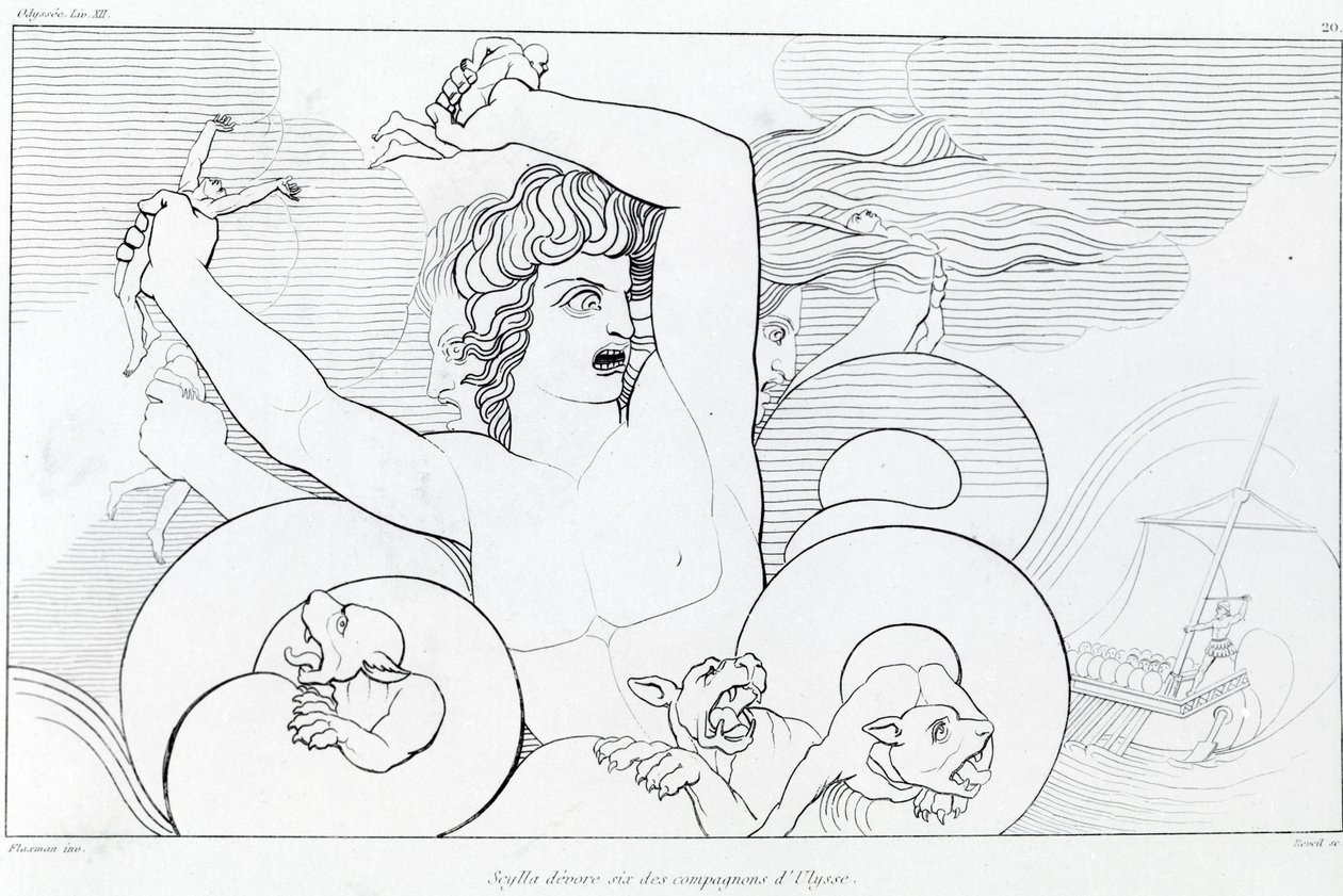 Epizoda Charybde a Scylly: šest Ulyssesových společníků je pohlceno. Kresba Johna Flaxmana (1755 - 1826). Homérova odysea. Píseň XII. od John Flaxman