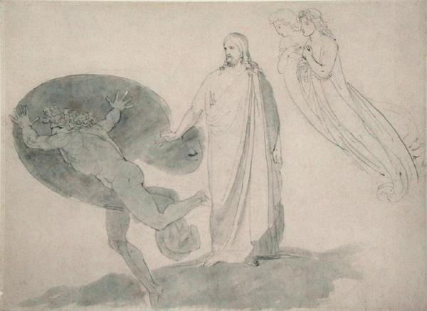 Get Thee Behind Me, Satane, c.1783-87 (tužka, pero, inkoust a mytí na papíře) od John Flaxman
