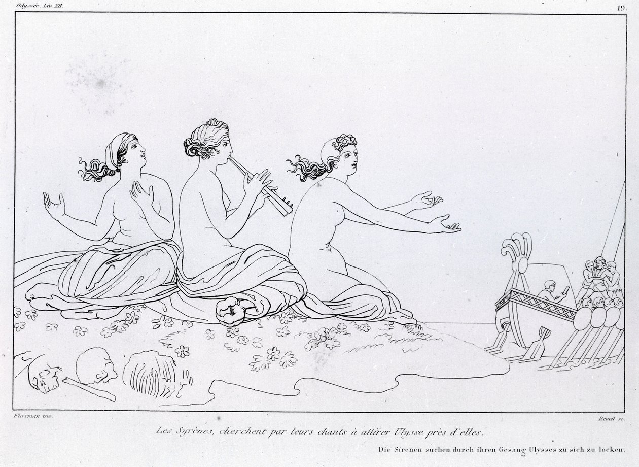 Mořské panny se snaží svou písní přilákat Odyssea. Kresba Johna Flaxmana (1755 - 1826). Homérova odysea. Píseň XII. od John Flaxman