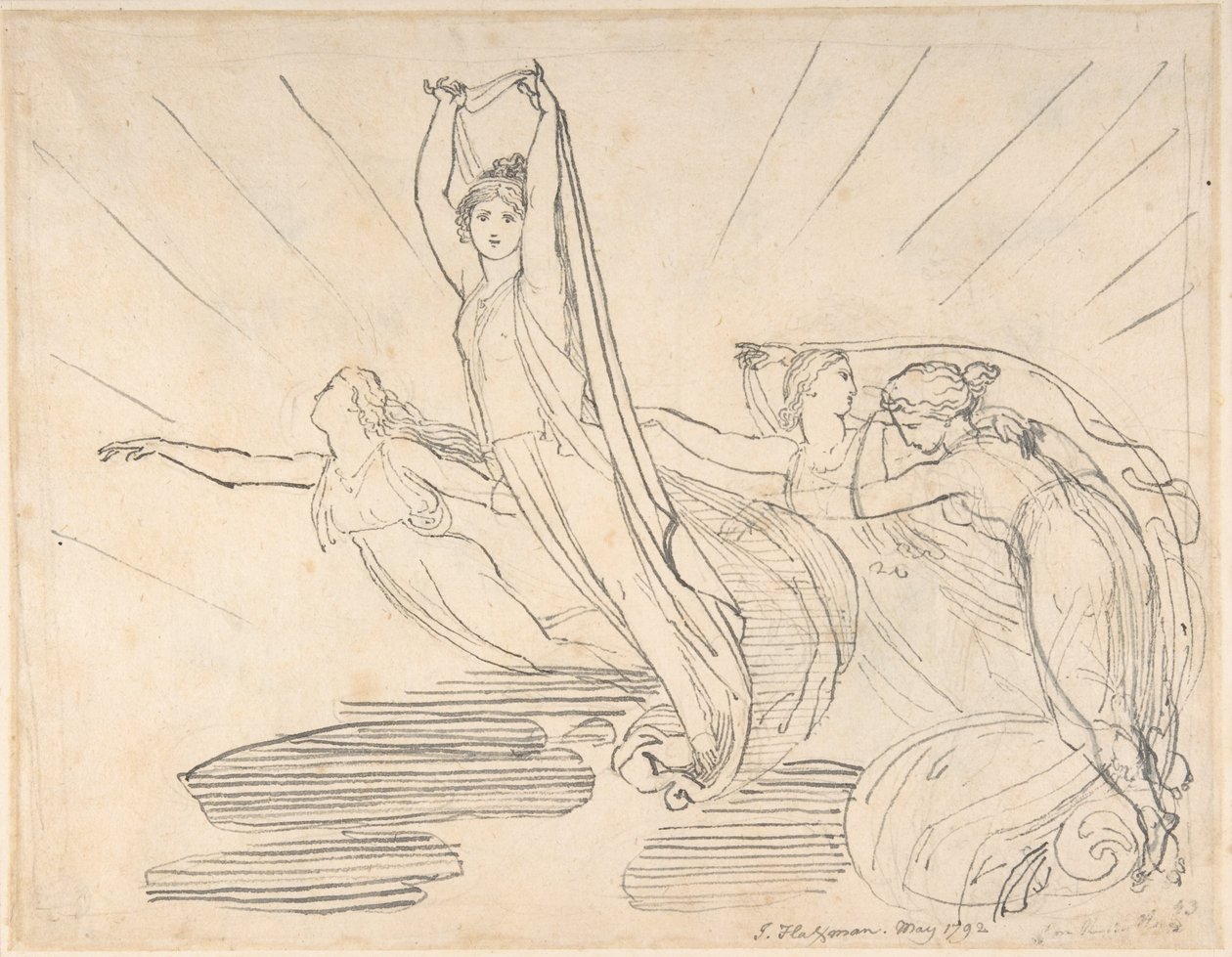 Ráno: Popeova Odyssea, kniha 12 (recto); studie pro konečnou kresbu (verso) od John Flaxman