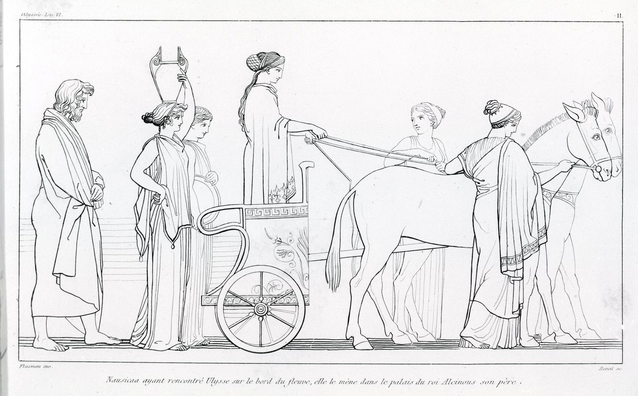Nausicaa, která se právě setkala s Ulyssesem, ho vezme zpět do paláce jeho otce, krále Alkinoose. Kresba Johna Flaxmana (1755 - 1826). Homérova odysea. Píseň VI. od John Flaxman