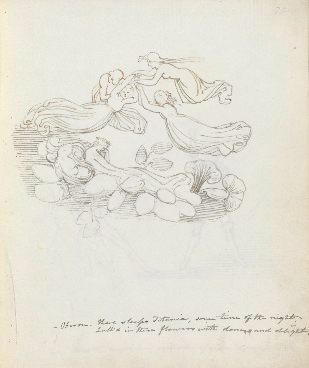 Oberon. Tam spí Titania, nějaký čas v noci..., 1783 (pero, inkoust a mytí na papíře) od John Flaxman