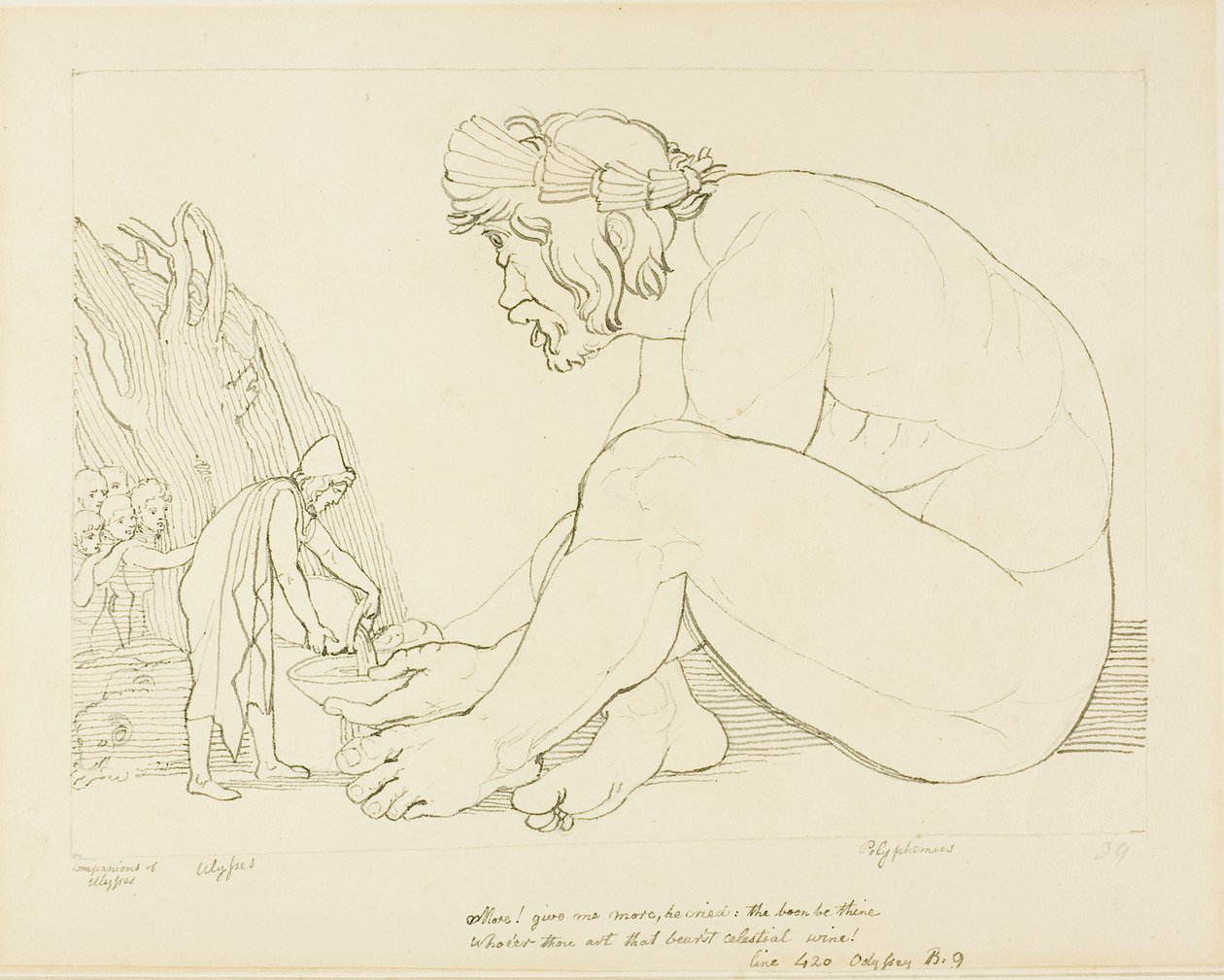 Polyfémus prosí Odyssea o další víno od John Flaxman