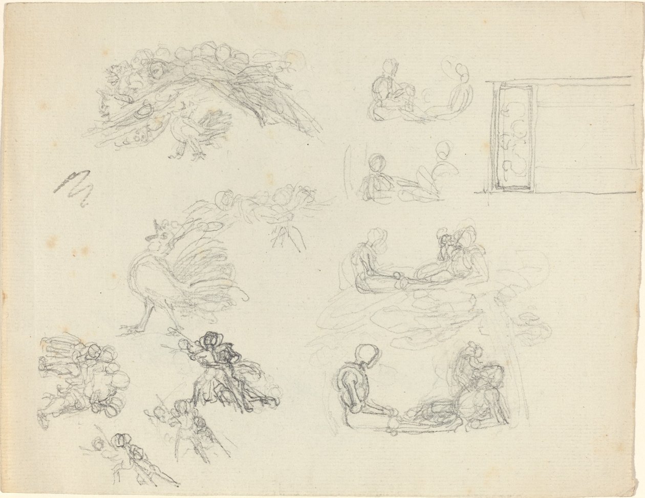 Studie kokrhajícího kohouta a ležících postav [recto a verso] od John Flaxman