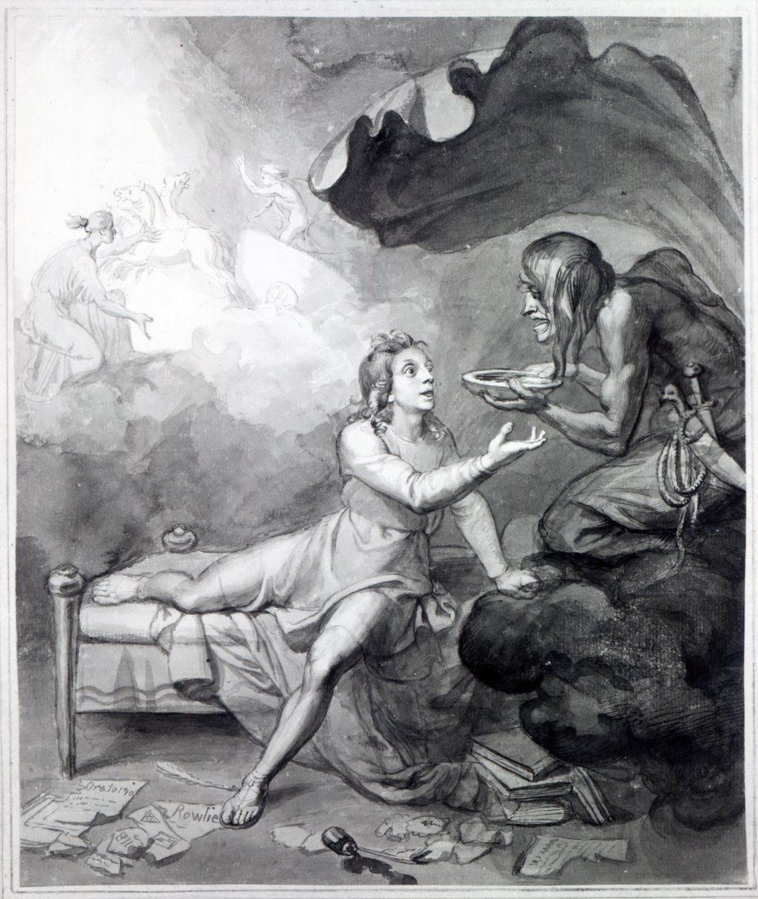 Thomas Chatterton dostává od Zoufalství misku jedu (pero, inkoust a mytí na papíře) od John Flaxman