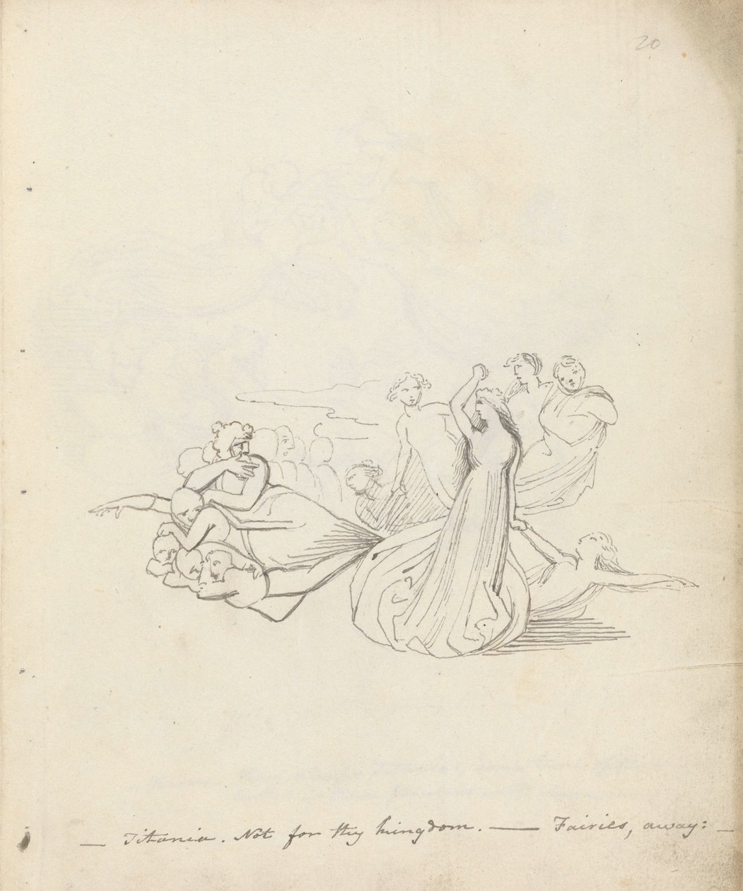 Titania. Ne pro tvé království. - Fairies away, 1783 (pero, inkoust a mytí na papíře) od John Flaxman