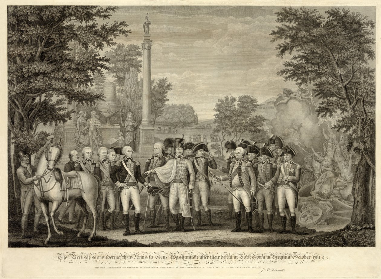 Britové vzdávají své zbraně generálu Washingtonovi po jejich porážce u města York ve Virginii října 1781, hospoda. 1819 (rytina) od John Francis (after) Renault