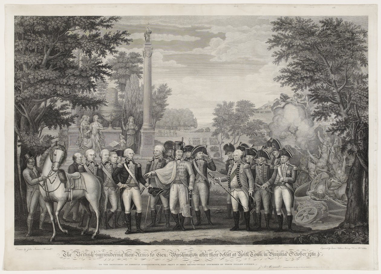 Britové po porážce v York Town ve Virginii v říjnu 1781 vzdávají své zbraně Gen: Washington. od John Francis (after) Renault