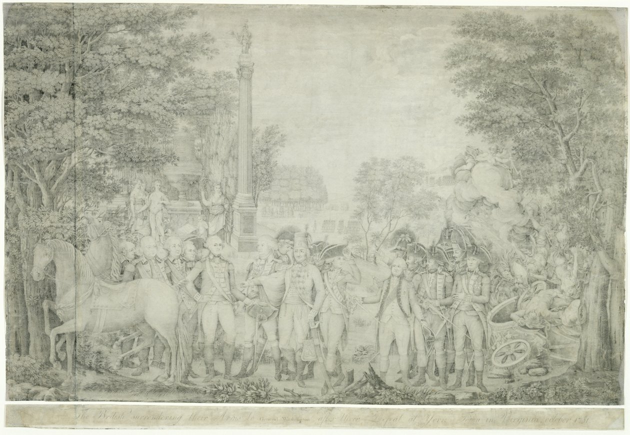 Britové vzdávají své zbraně generálu Washingtonovi po jejich porážce v Yorktownu ve Virginii, říjen 1781, 1810-1815 od John Francis Renault