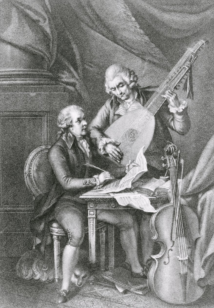 Portrét Franze Josepha Haydna (1732-1809) a Wolfganga Amadea Mozarta (1756-91) skládající hudbu pro loutnu, vyryl Michele Benedetti (1745-1810) od John Francis Rigaud
