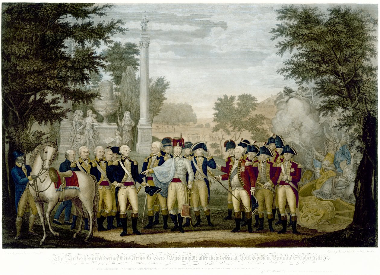Britové vzdávají své zbraně generálu Washingtonovi po porážce u York Townu ve Virginii října 1781, 1819 (ručně kolorovaná mědirytina) od John Francis Renault