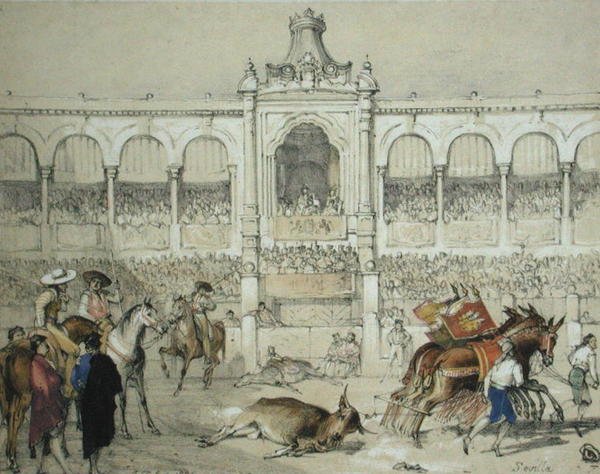 Seville Bullfight: Odstranění mrtvého býka z prstenu, z „Sketches of Spain“, vyryto Charlesem Josephem Hullmandlem (1789-1850), vydáno 1836 (barevně lito) od John Frederick (after) Lewis